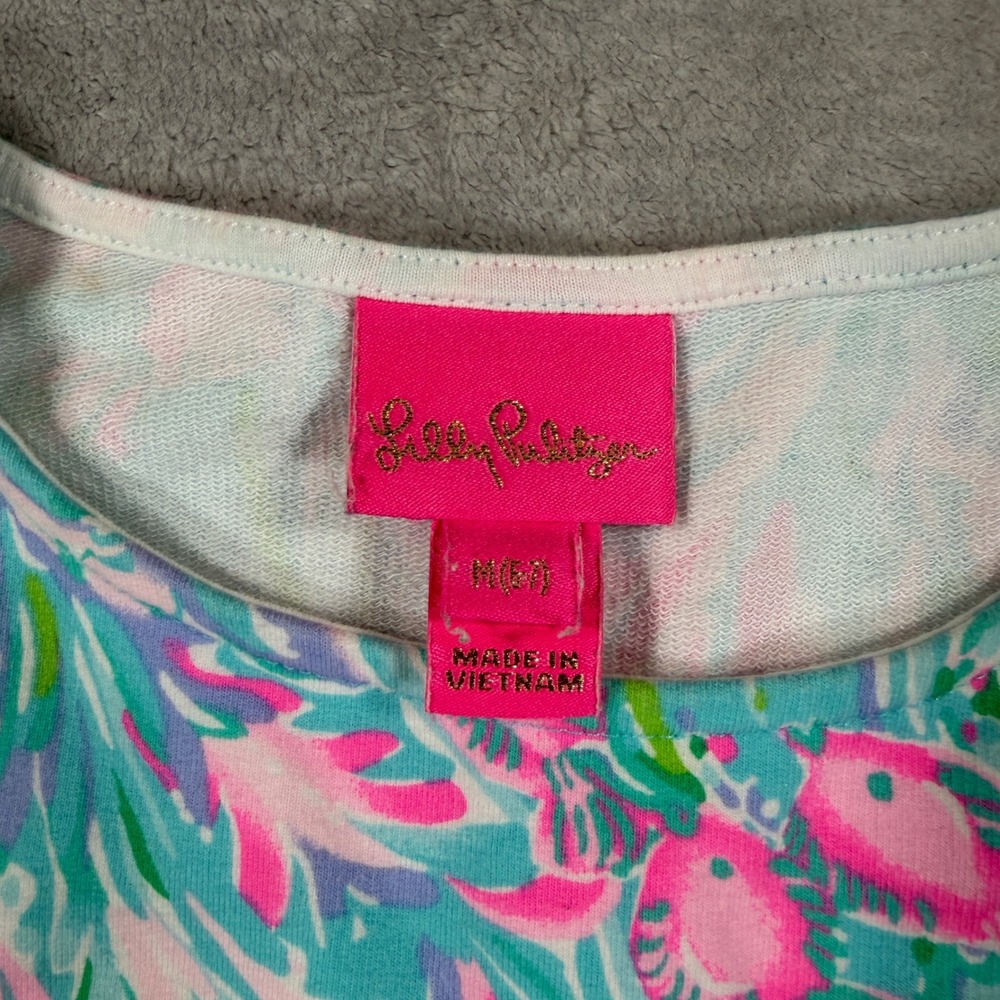 Lilly Pulitzer Dress Kids Medium Blue 'Sea You Soon' Ruffle Shift Dress Vacation - Picture 2 of 8